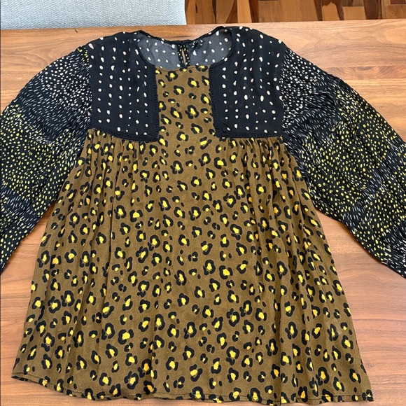 Anthropologie Blank London Eclectic Leopard Peasant Blouse Size Large Patchwork - Picture 6 of 9